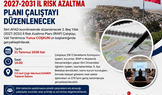 Siirt’te Risk Azaltma Planı Çalıştayı Düzenlenecek